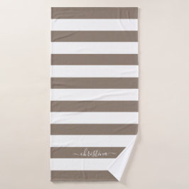 Elegante gepersonaliseerde bruine taupe witte stre badhanddoek