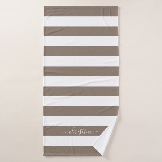 Elegante gepersonaliseerde bruine taupe witte stre badhanddoek (Badhanddoek)