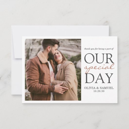 Elegante gepersonaliseerde foto bruiloft dank u ka bedankkaart (Voorkant)