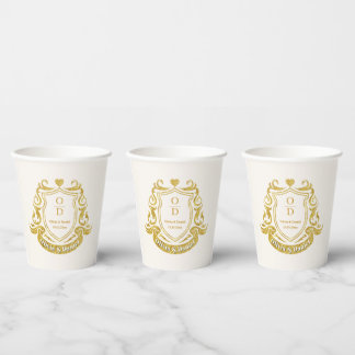 Elegante gepersonaliseerde gouden wapenschild trou papieren bekers