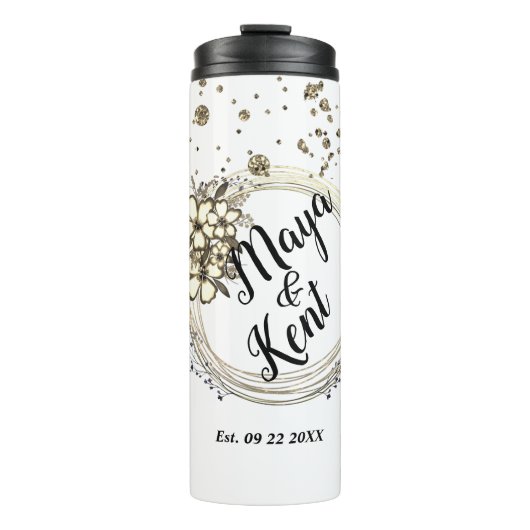 Elegante Gepersonaliseerde Krans Bloemen Glitter W Thermosbeker (Voorkant)