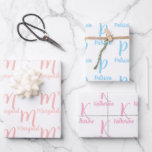Elegante gepersonaliseerde naam, monogram roze en  inpakpapier vel<br><div class="desc">Het ontwerp beschikt over aanpasbare typografie voor naam- en monogram-personalisatie op drie prachtige vellen inpakpapier, verkrijgbaar in elegante lichtroze, pastelroze en babyblauwe schrifttinten. Of het nu een verjaardag is, een speciale gelegenheid, een babyfeest, een bruiloft, een jubileum, Moederdag, Opa- en Oma-dag, Docenten-dag of elke andere dag dat je iemand speciaal...</div>