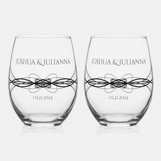 Elegante Gepersonaliseerde Naam van het paar Datum Wijnglas Zonder Voet (Voorkant)