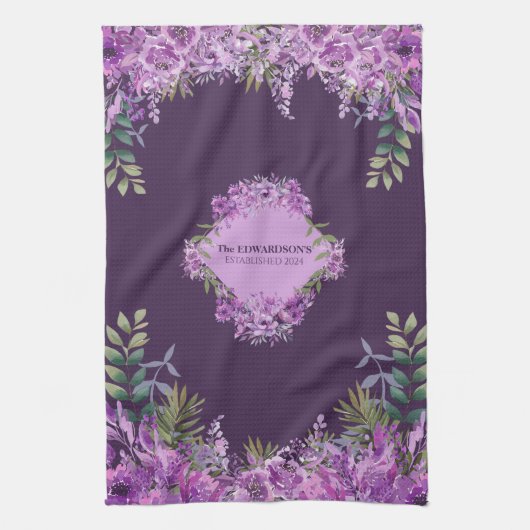 Elegante gepersonaliseerde Paarse en aubergine blo Theedoek (Verticaal)