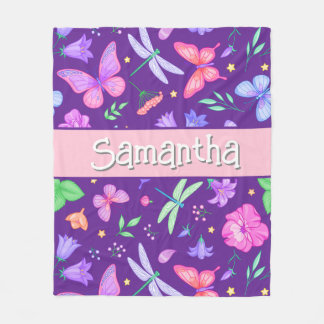 Elegante gepersonaliseerde paarse vlinderlibel fleece deken