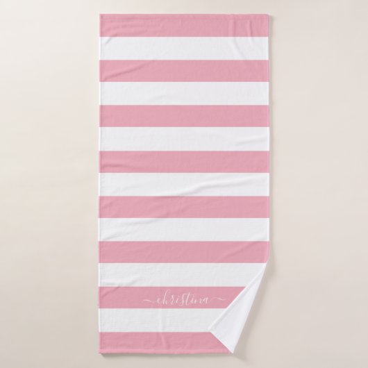 Elegante gepersonaliseerde roze witte strepen badhanddoek (Badhanddoek)