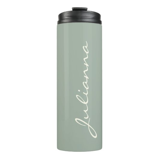 Elegante Gepersonaliseerde Script Naam Saliegroen Thermosbeker (Voorkant)
