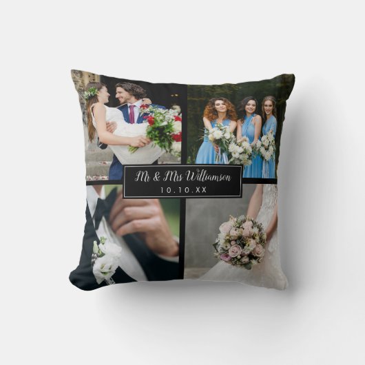 Elegante gepersonaliseerde trouwdag fotocollage kussen (Voorkant)