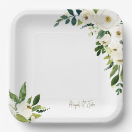 Elegante gepersonaliseerde witte bloemenbruiloft papieren bordje
