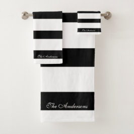 Elegante gepersonaliseerde zwarte en witte strepen bad handdoek