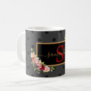 Elegante gepersonaliseerde zwarte stippen en rozen koffiemok