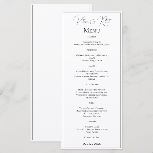 Elegante gepersonaliseerde zwarte & witte trouwdag menu (Voorkant / Achterkant)