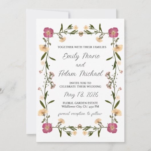 Elegante geperste Wildflower Garden Boho Wedding Kaart (Voorkant)