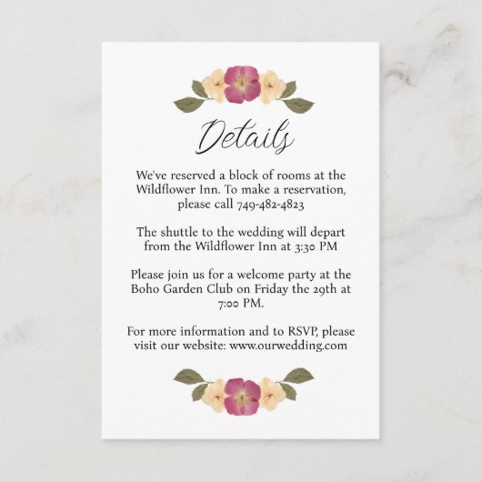 Elegante geperste Wildflower Garden Wedding Detail Informatiekaartje (Voorkant)