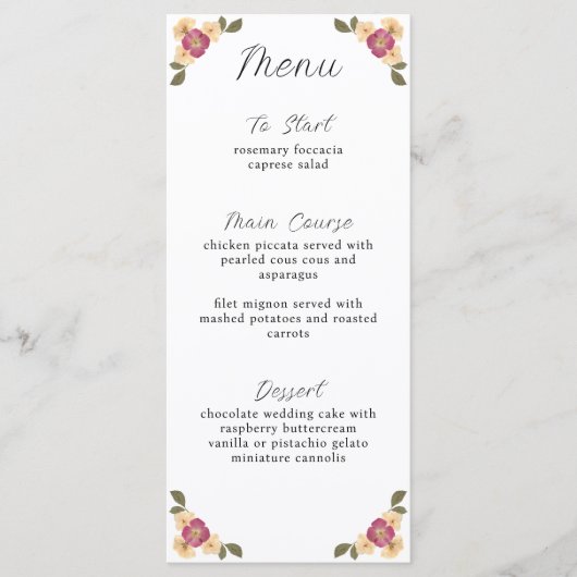 Elegante geperste Wildflower Garden Wedding Menu (Voorkant)