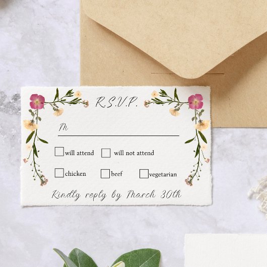Elegante geperste Wildflower Garden Wedding RSVP Kaartje
