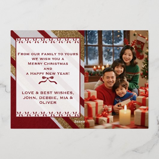 Elegante geplakte kerstfotokaart met goudfolie folie feestdagenkaart (Achterkant)