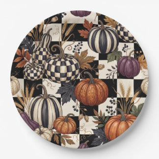 Elegante geruite pompoenen herfst oogst papieren bordje