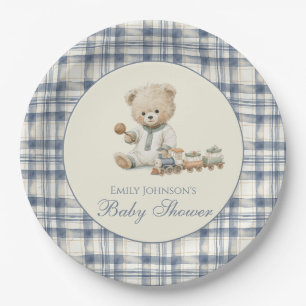 Elegante geruite teddybeer babyshower papieren bor bordje