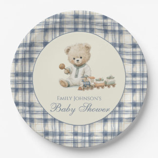 Elegante geruite teddybeer babyshower papieren bor bordje
