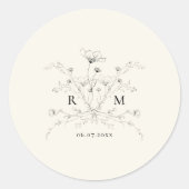 Elegante geschetste bloemenrustieke bruiloft ronde sticker (Voorkant)