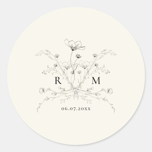 Elegante geschetste bloemenrustieke bruiloft ronde sticker (Voorkant)