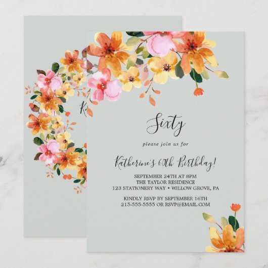 Elegante geschilderde bloem 60e verjaardag uitnodi kaart (Voorkant / Achterkant)