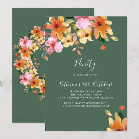 Elegante geschilderde bloem 90e verjaardag uitnodi kaart (Voorkant / Achterkant)