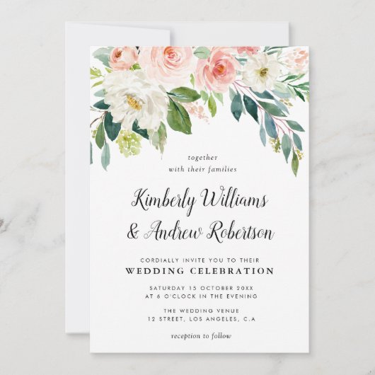 Elegante geschilderde blush roze bloemenbruiloft kaart (Voorkant)