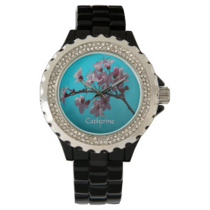 Elegante geschilderde kersenbloesems op Blue Sky Horloge