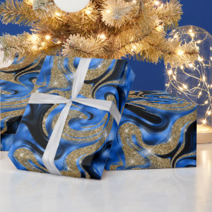 Elegante gesmolten blauw en gouden glitter verjaar cadeaupapier
