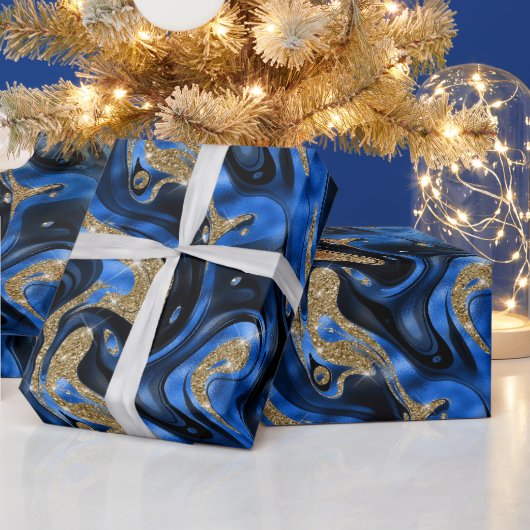 Elegante gesmolten blauw en gouden glitter verjaar cadeaupapier (Feestdagen)