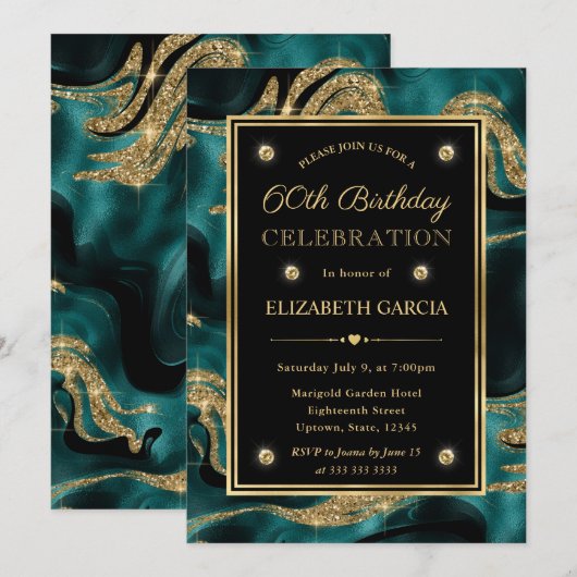 Elegante gesmolten Blauwgroen en gouden Glitter 60 Kaart (Voorkant / Achterkant)