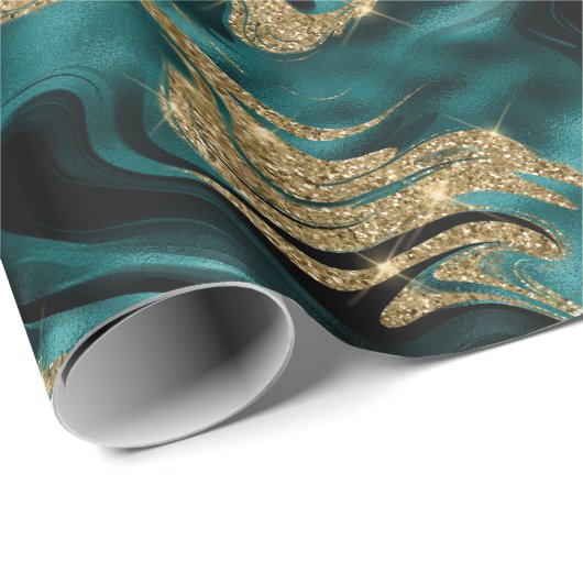 Elegante gesmolten Blauwgroen en gouden Glitter Ve Cadeaupapier (Rol Hoek)