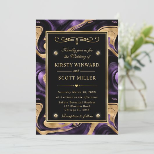 Elegante gesmolten Paarse en gouden folie bruiloft Kaart (Staand voorkant)