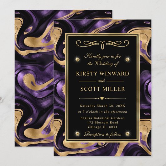 Elegante gesmolten Paarse en gouden folie bruiloft Kaart (Voorkant / Achterkant)