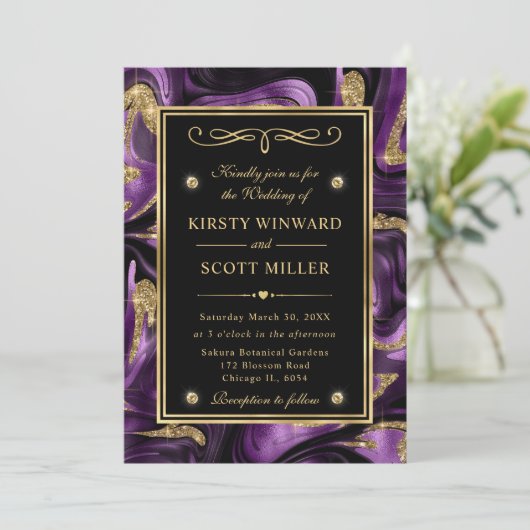 Elegante gesmolten Paarse en gouden Glitter bruilo Kaart (Staand voorkant)