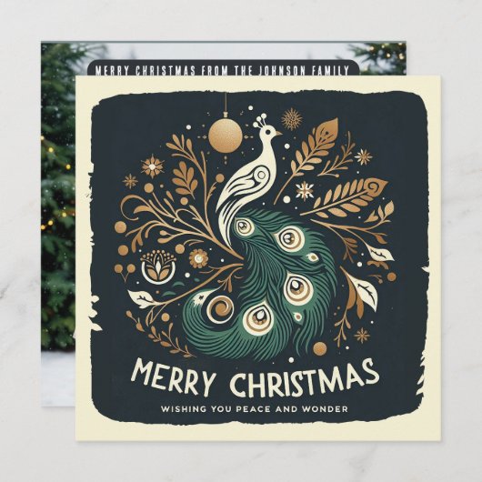 Elegante gestileerde pauw vrolijke kerst feestdagenkaart (Voorkant / Achterkant)