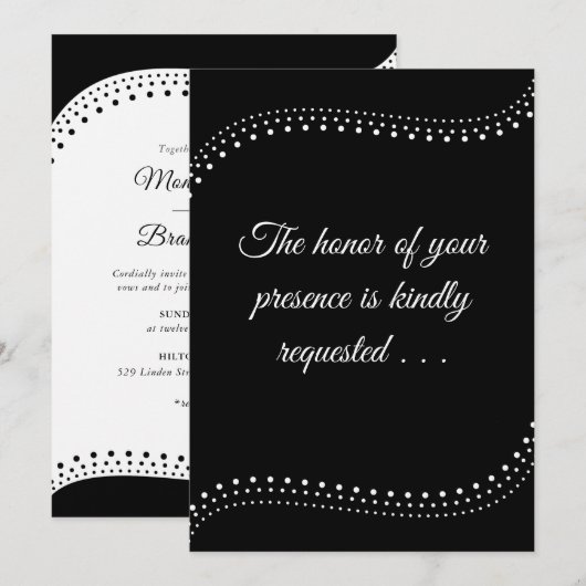 Elegante gestippelde zwart/witte bruiloft kaart (Voorkant / Achterkant)