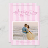 Elegante gestreepte pastelroze script "Save The Da Save The Date (Voorkant / Achterkant)