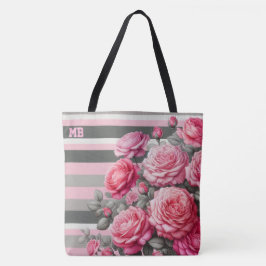 Elegante gestreepte roze en grijs met rozen tote bag