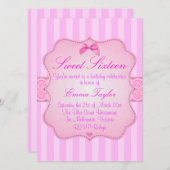 Elegante gestreepte roze Sweet16 verjaardagsuitnod Kaart (Voorkant / Achterkant)