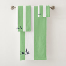 Elegante gestreepte saliegroene monogram bad handdoek
