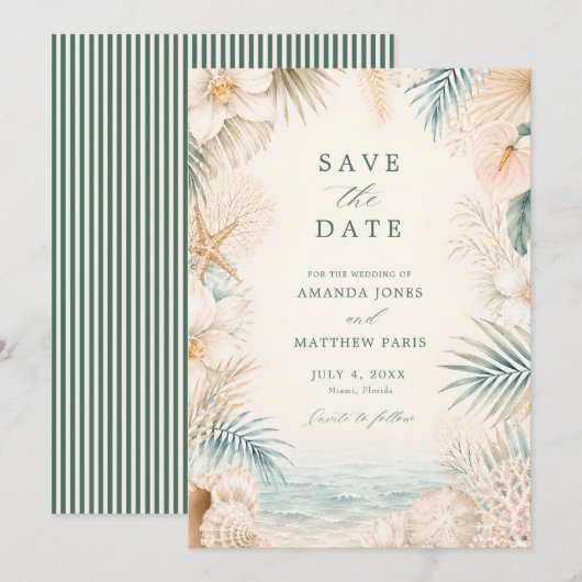 Elegante Gestreepte Strandhuwelijkskaart Save The Date (Voorkant / Achterkant)