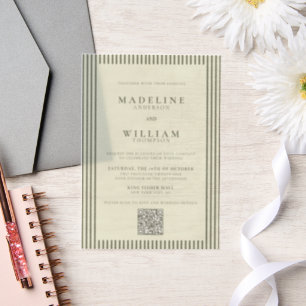 Elegante gestripte Sage Green QR Code Wedding Vellum Uitnodigingen