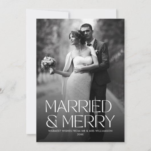 Elegante getrouwde en vrolijke pasgetrouwde foto feestdagenkaart (Voorkant)