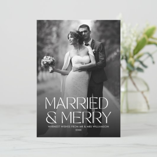 Elegante getrouwde en vrolijke pasgetrouwde foto feestdagenkaart (Staand voorkant)