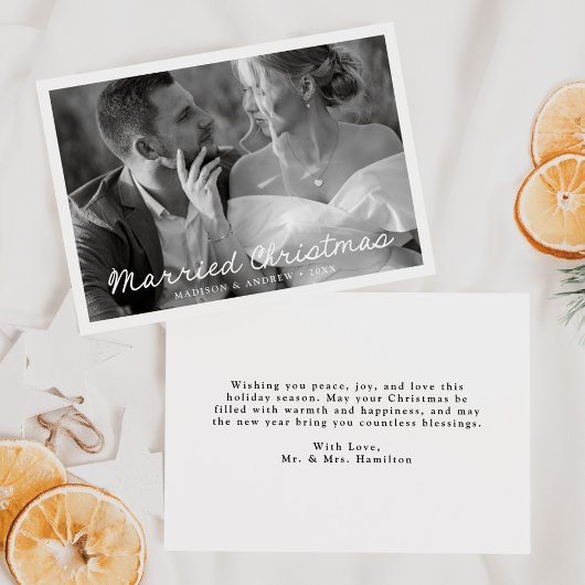 Elegante getrouwde kerstscriptfoto feestdagenkaart