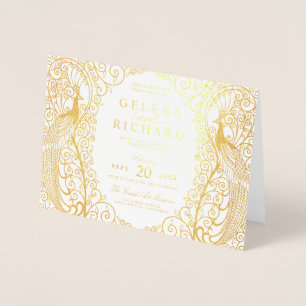 Elegante gevouwen Art Deco Peacock bruiloft uitnod Folie Kaarten