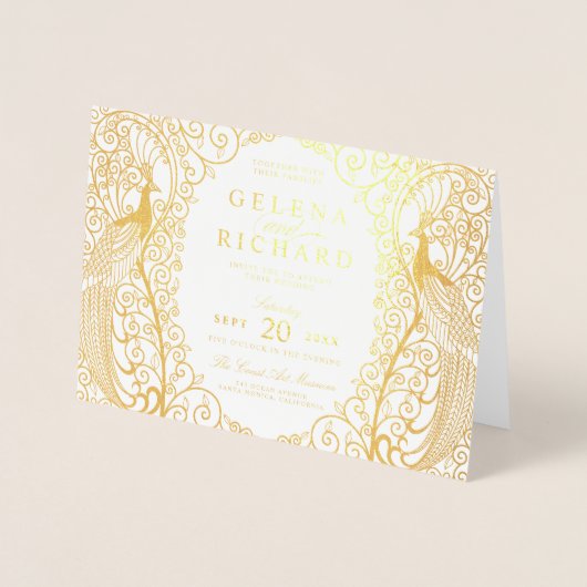 Elegante gevouwen Art Deco Peacock bruiloft uitnod Folie Kaarten (Voorkant)